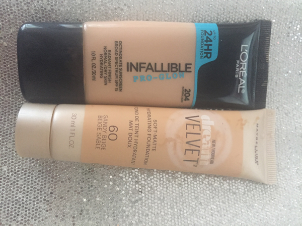 Best Drugstore Foundations. Top: L'Oreal Infallible Pro-glow in shade 204. Bottom: Maybelline Dream Velvet Soft-Matte Hydrating Foundation in shade 60 Sandy Beige.