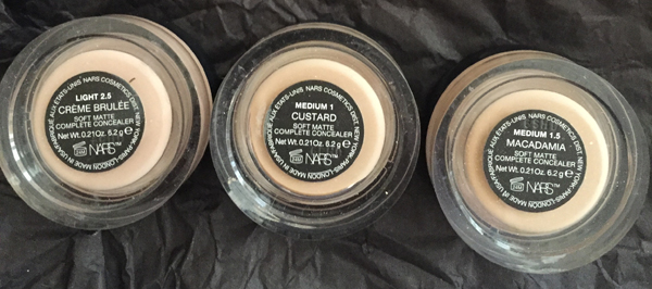 NARS Soft Matte Complete Concealer. Left to Right: Creme Brûlée Light 2.5, Custard Medium 1, and Macadamia Medium 1.5